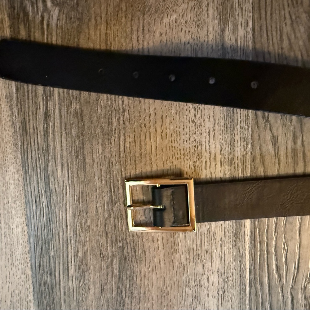 Men's Black Leather Belt with Gold Buckle